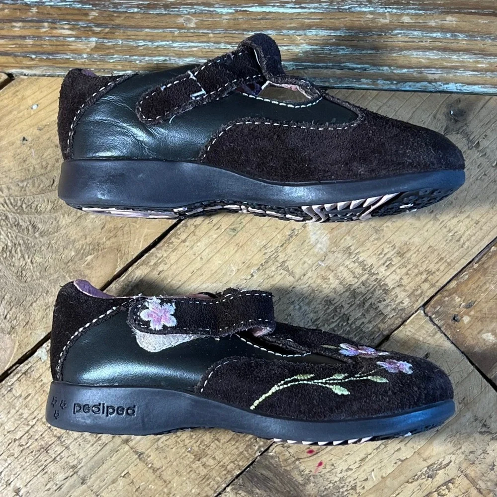 Pediped Brown Leather Suede Floral Embroidered Toddler Shoes Size US‎ 5 EU 21